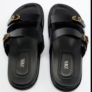ZARA BUCKLED FLAT LEATHER SANDALS